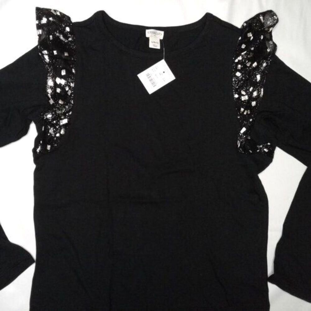 J Crew Crewcuts Longsleeve Top LG Jersey Black Gold Tulle Ruffle Shoulder NEW